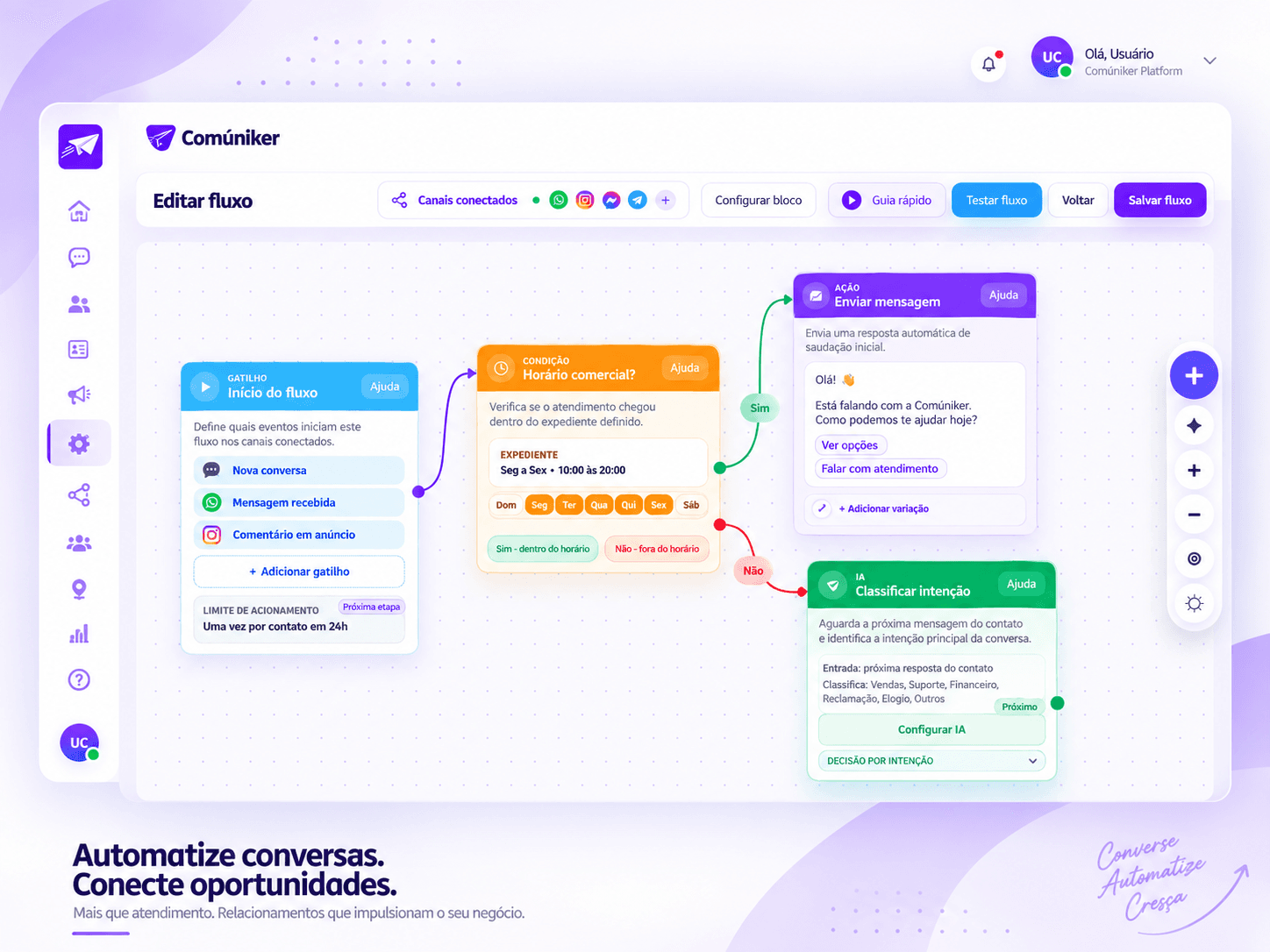 Comúniker mostrando conversas, contatos e automação de relacionamento comercial