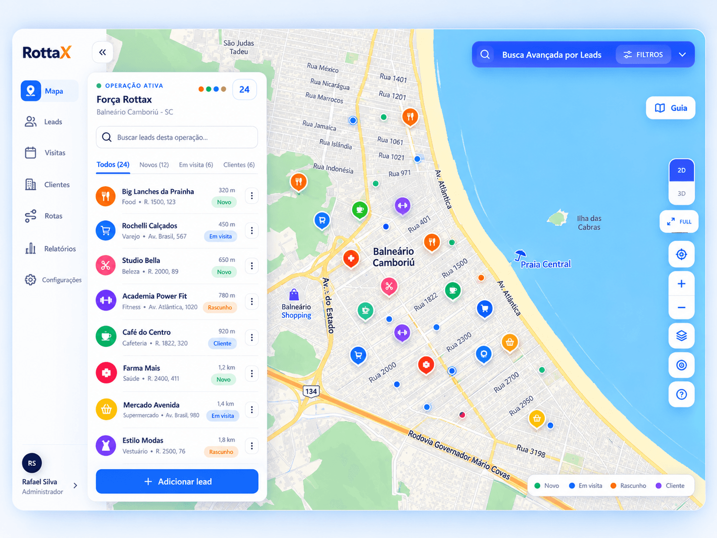 Mapa Rottax mostrando empresas, leads e oportunidades comerciais no território